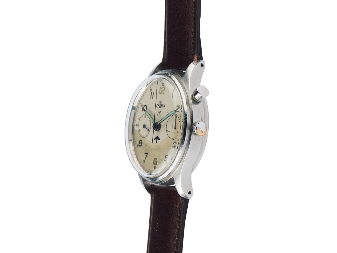 Lemania Monopusher Chronograph British Military Stahl Handaufzug 