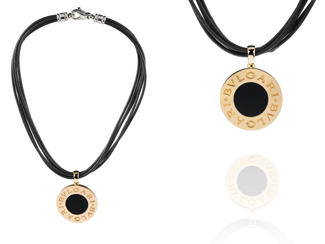 Bulgari Collier Anhänger mit Lederband Stahl 18kt Gelbgold orig