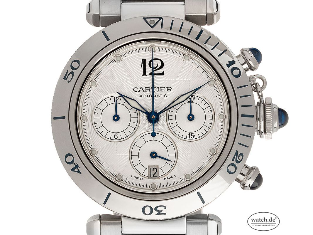 Cartier Pasha Stahl Automatik Chronograph Glasboden Armband Stahl