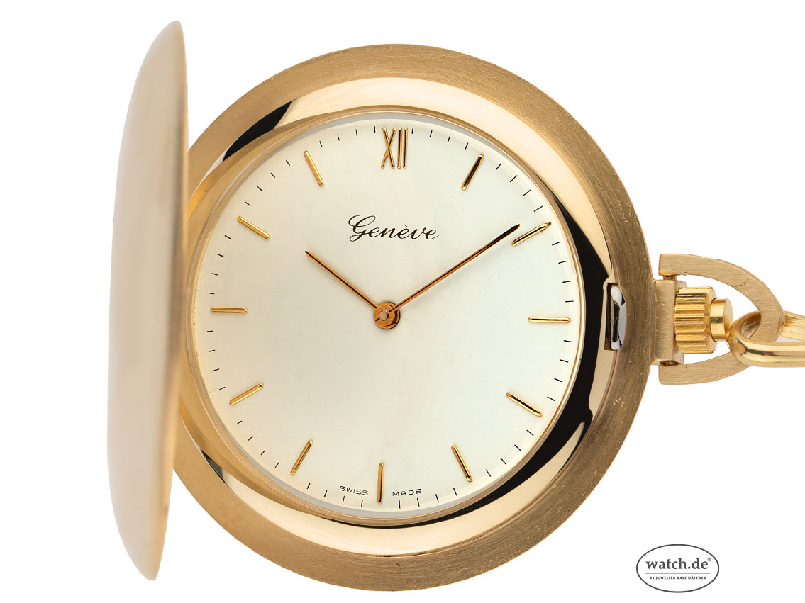 Geneve Taschenuhr Frackuhr mit Kette 14kt Gelbgold 47g Handaufzug