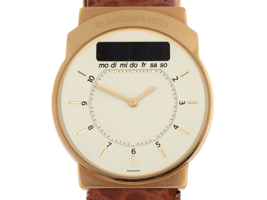 Junghans Mega Funkuhr Stahl Gelbgold Quarz Armband Leder 35mm