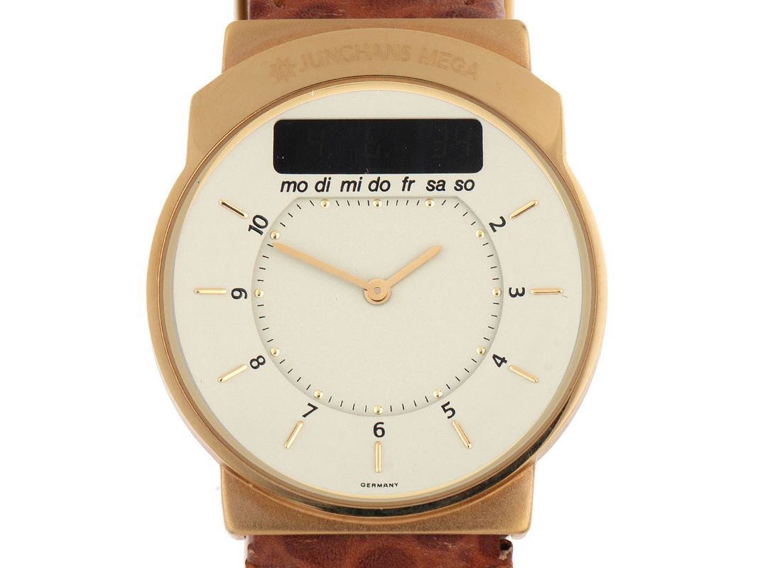 Junghans Mega Funkuhr Stahl Gelbgold Quarz Armband Leder 35mm