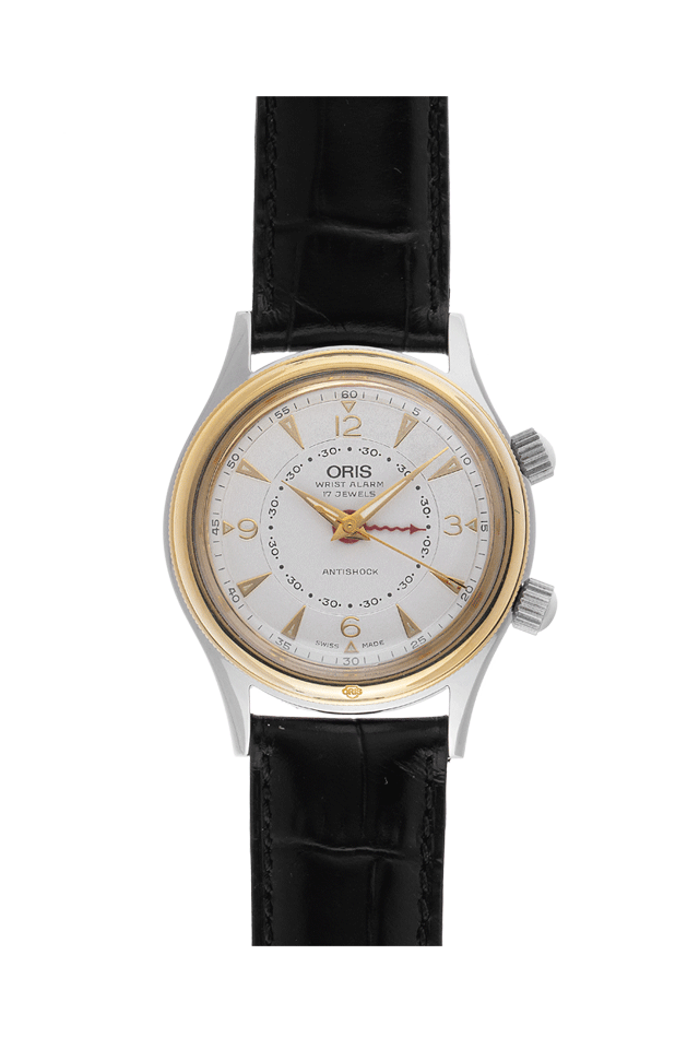 Oris Wecker Stahl Gelbgold Handaufzug Armband Leder 34mm Limitiert