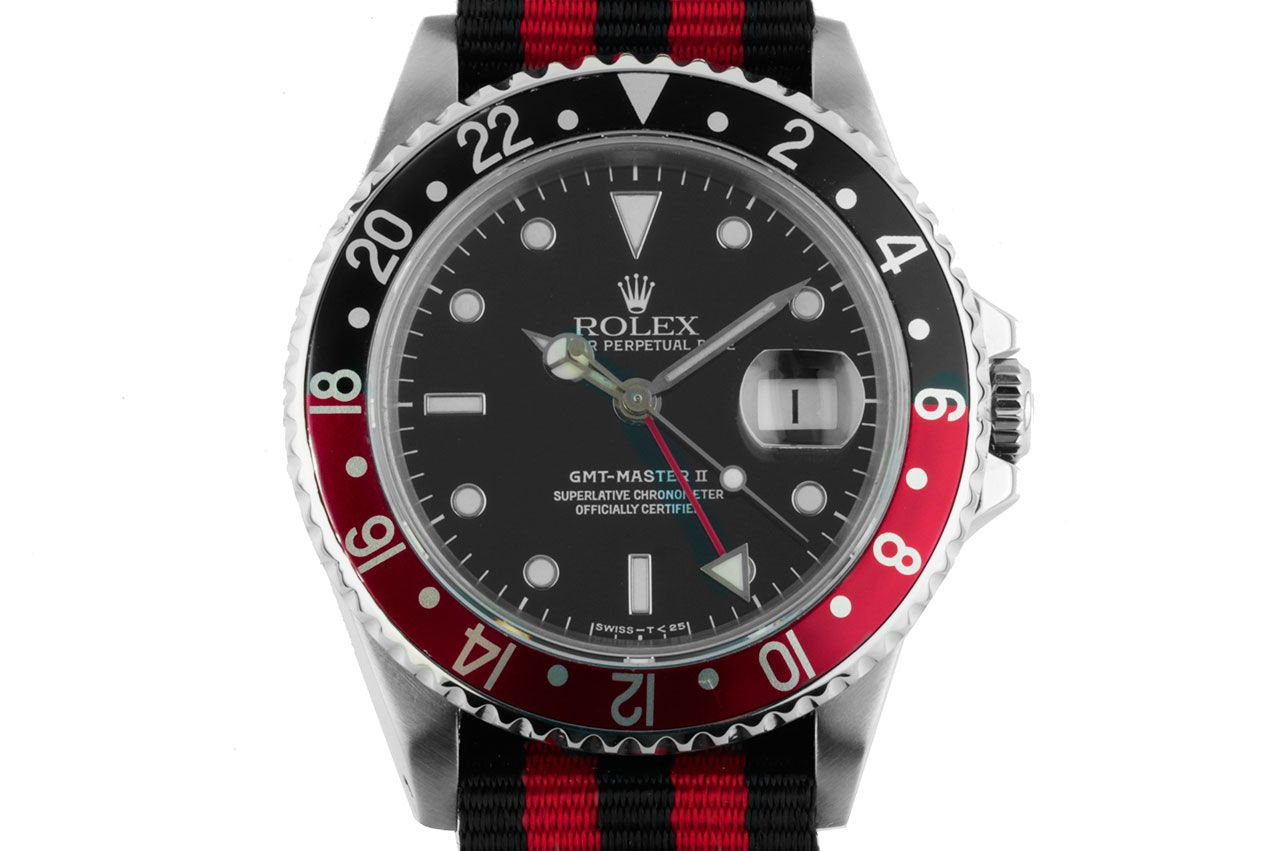 Rolex GMT Master II rot schwarz Stahl Automatik Armband Textil