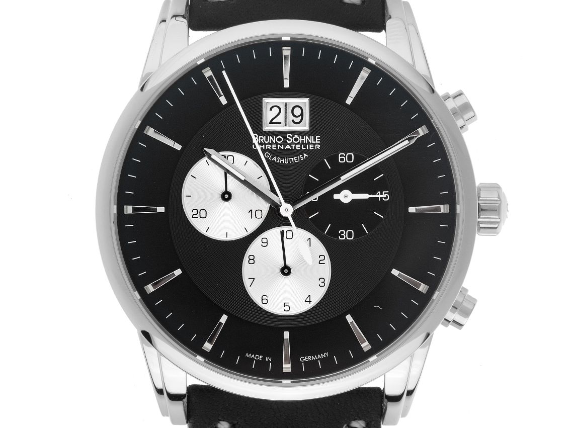 Bruno Söhnle Glashütte Atrium Stahl Quarz Chronograph Armband Leder Faltschließe 43mm Ref.17 Box&Pap. Full Set Neu mit Zertifikat über 675,-€