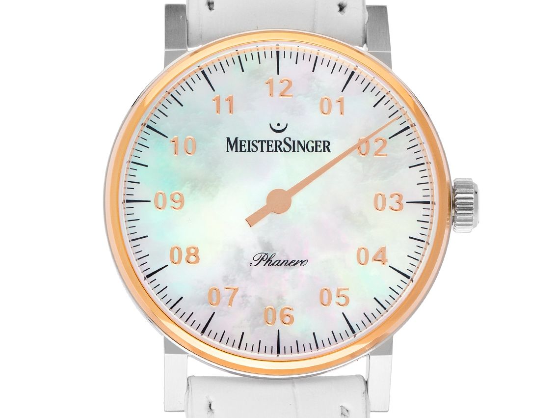 Meistersinger Phanero Einzeigeruhr Stahl Perlmutt Handaufzug Armband Leder 35mm Ref.PHM1G Box&Pap. Full Set Ungetragen