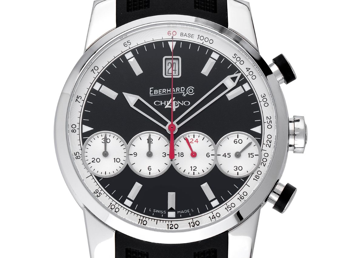 Eberhard & Co. Chrono 4 Grande Taille Stahl Automatik Chronograph Armband Kautschuk 43mm Box&Pap. Full Set Ungetragen mit Zertifikat über 5.500,-€ 