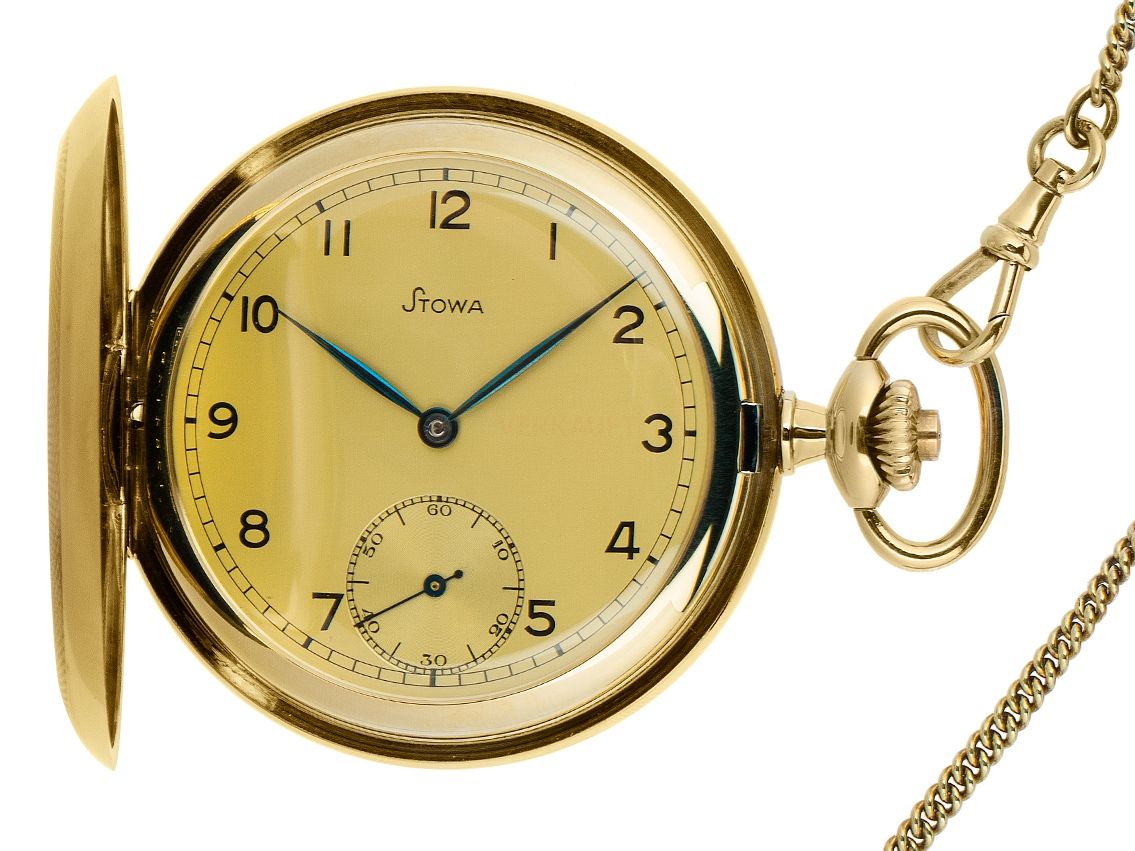 Stowa Taschenuhr Savonette 14kt Gelbgold Handaufzug 51mm Vintage Bj.1935 inkl. Kette & Lederetui mit Zertifikat über 3.900,-€ 