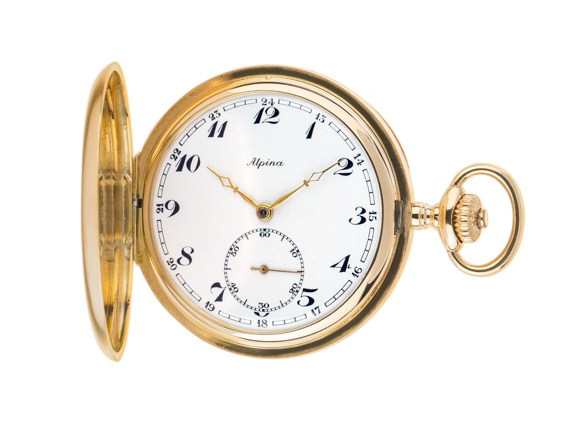 Alpina Taschenuhr Savonette 14kt Gelbgold Handaufzug 51mm Vintage Bj.1910 inkl. Lederetui mit Zertifikat über 3.400,-€