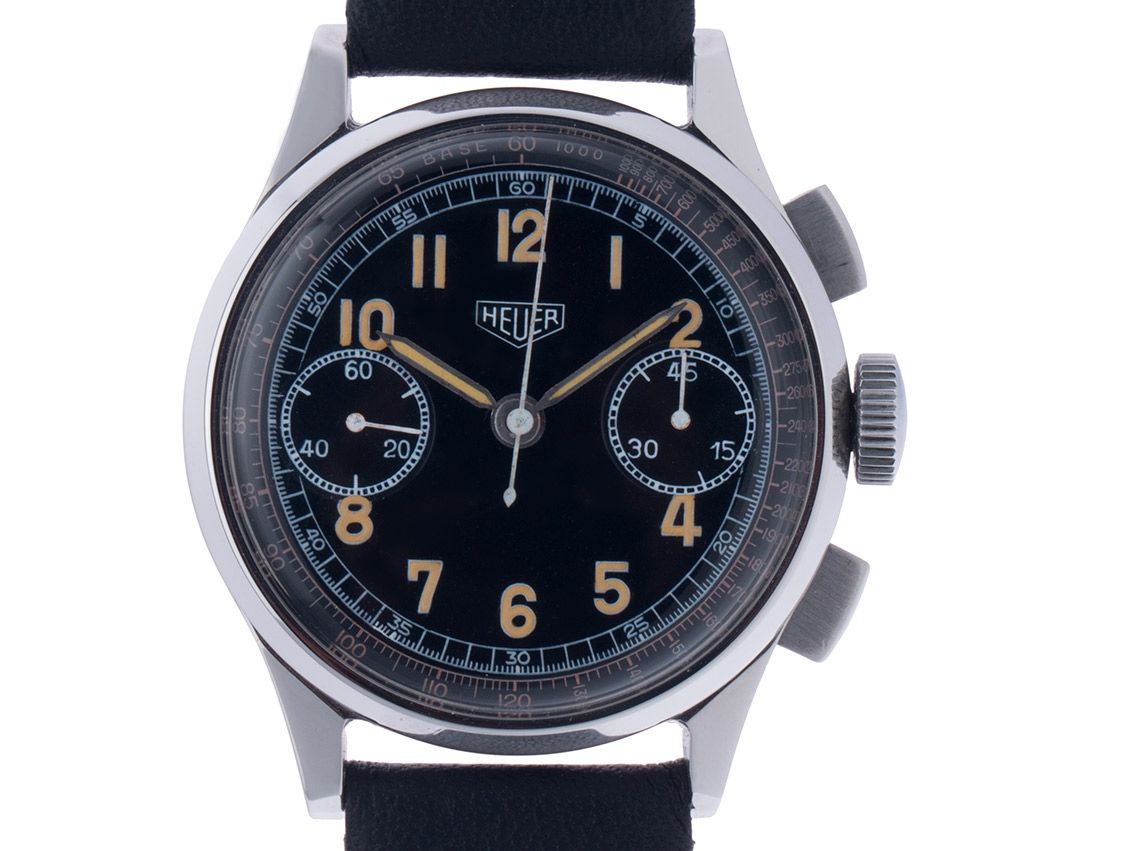 Heuer Military Schaltrad Chronograph Edelstahl Handaufzug Valjoux Cal. 22 Armband Leder 35mm Vintage Bj.1943 Zertifikat über 4.900,-€