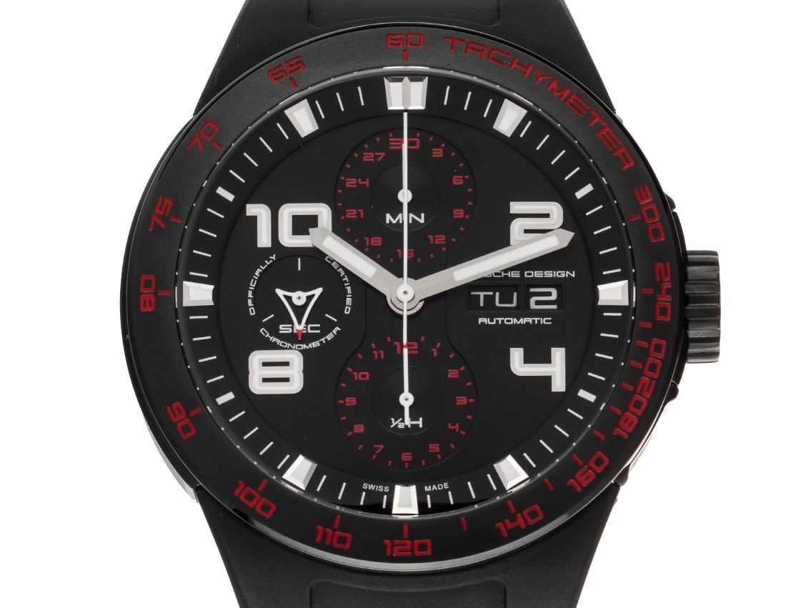 Porsche Design Flat Six P`6340 Chronograph Black Stahl Automatik Armband Kautschuk 40mm Box&Beschreibung Ungetragen verklebt mit Zertifikat über 4.500,-€