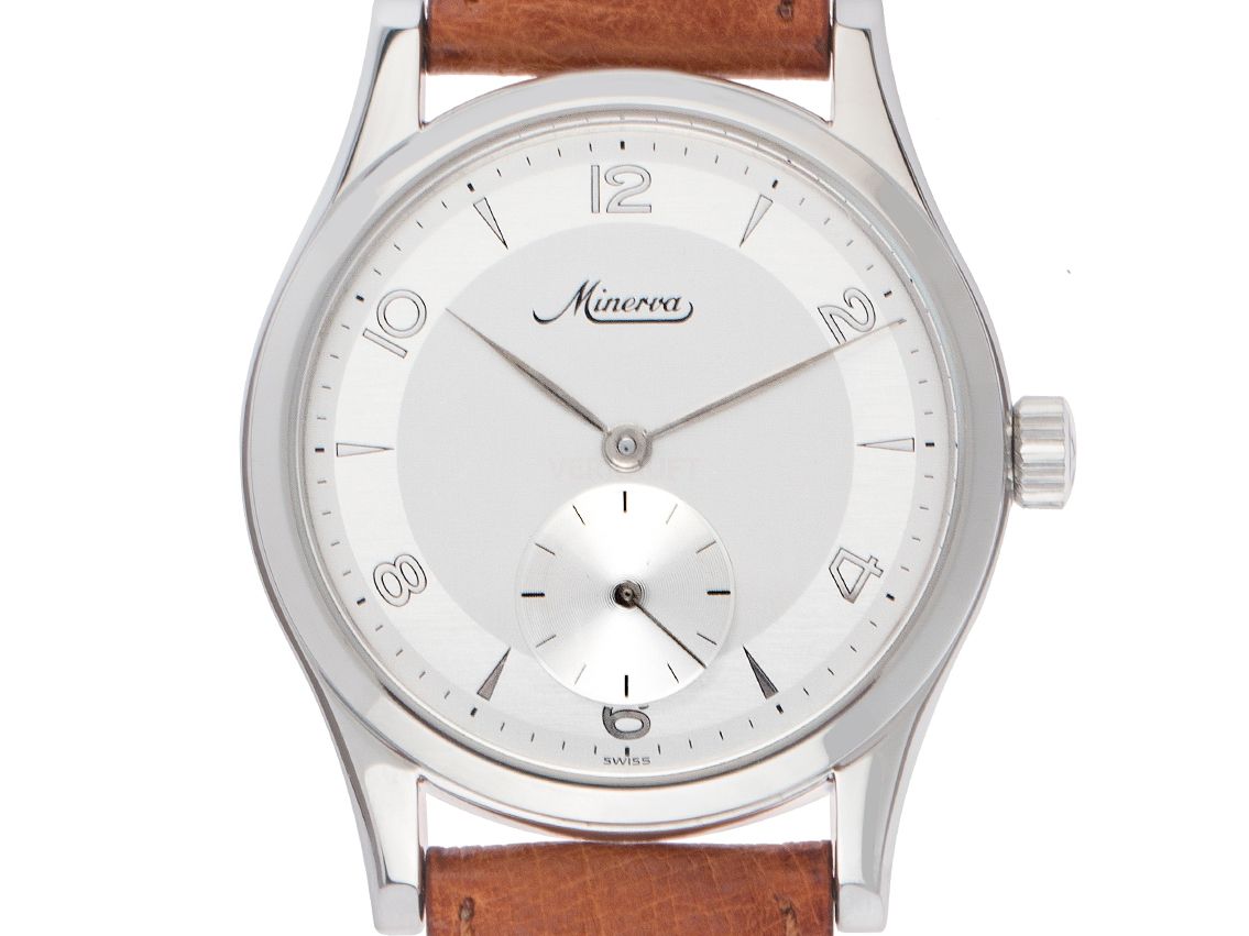 Minerva Pythagore Stahl Handaufzug Armband Leder 34mm Vintage Bj.1998 Box&Pap. Full Set wie Neu mit Zertifikat über 2.800,-€