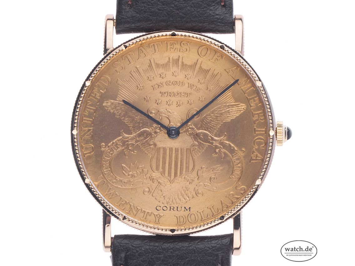 Corum Münzuhr Twenty Dollar Double Eagle 18kt Gelbgold Quarz Armband Leder 35mm Ref. 8799 Vintage Bj.1994 orig.Box wie Neu mit Zertifikat über 14.000,-€