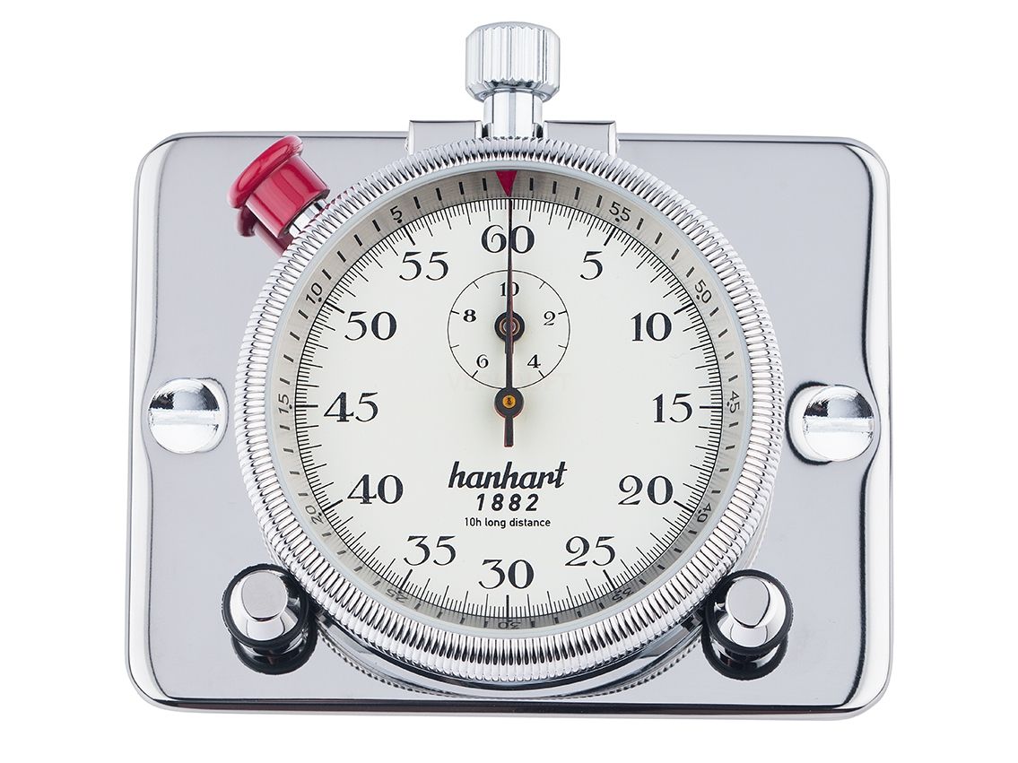 Hanhart Automobil Long Distance Stundenzähler Stoppuhr Messing verchromt Handaufzug 55mm inkl. Dashboard Platte Neu