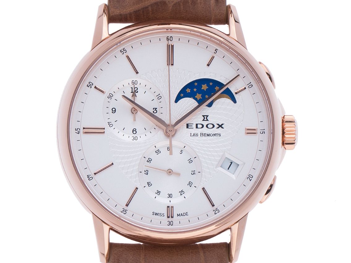 Edox Les Bemonts Mondphase Stahl Roségold PVD Quarz Chronograph Armband Leder 42mm Ref.01651 37R AIR Box&Pap. Full Set Neu mit Zertifikat über 795,-€