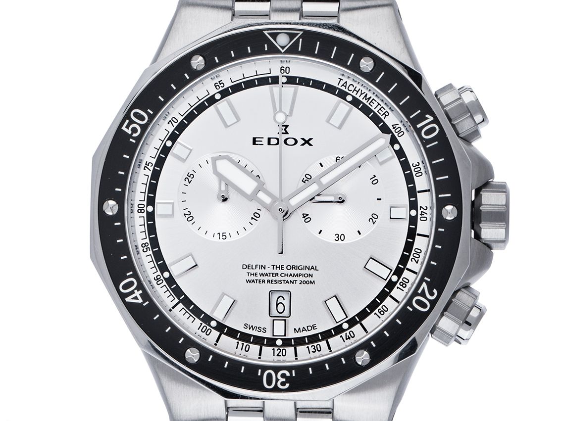 Edox Delfin Stahl Quarz Chronograph Armband Stahl 44mm Ref.10109 3M AIN Box&Pap. Full Set Neu