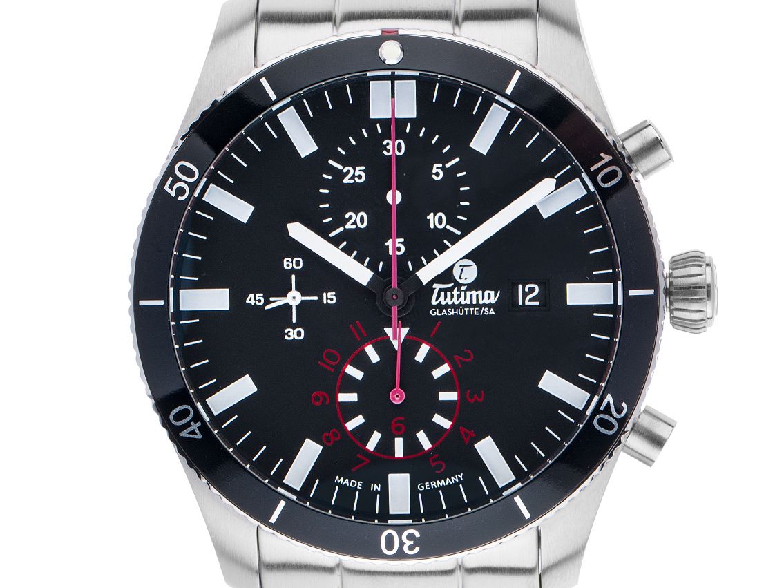 Tutima Grand Flieger Airport Stahl Automatik Chronograph Armband Stahl 43mm Ref.6401 Box&Pap. Full Set Neu