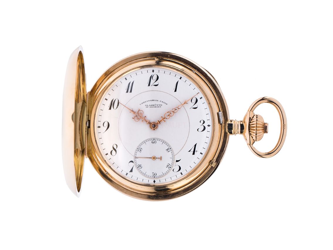 Union Glashütte Taschenuhr Savonette kleine Sekunde 14kt Gelbgold Handaufzug 55mm Vintage Bj. 1920 inkl. Box wie Neu mit Zertifikat über 12.000,-€