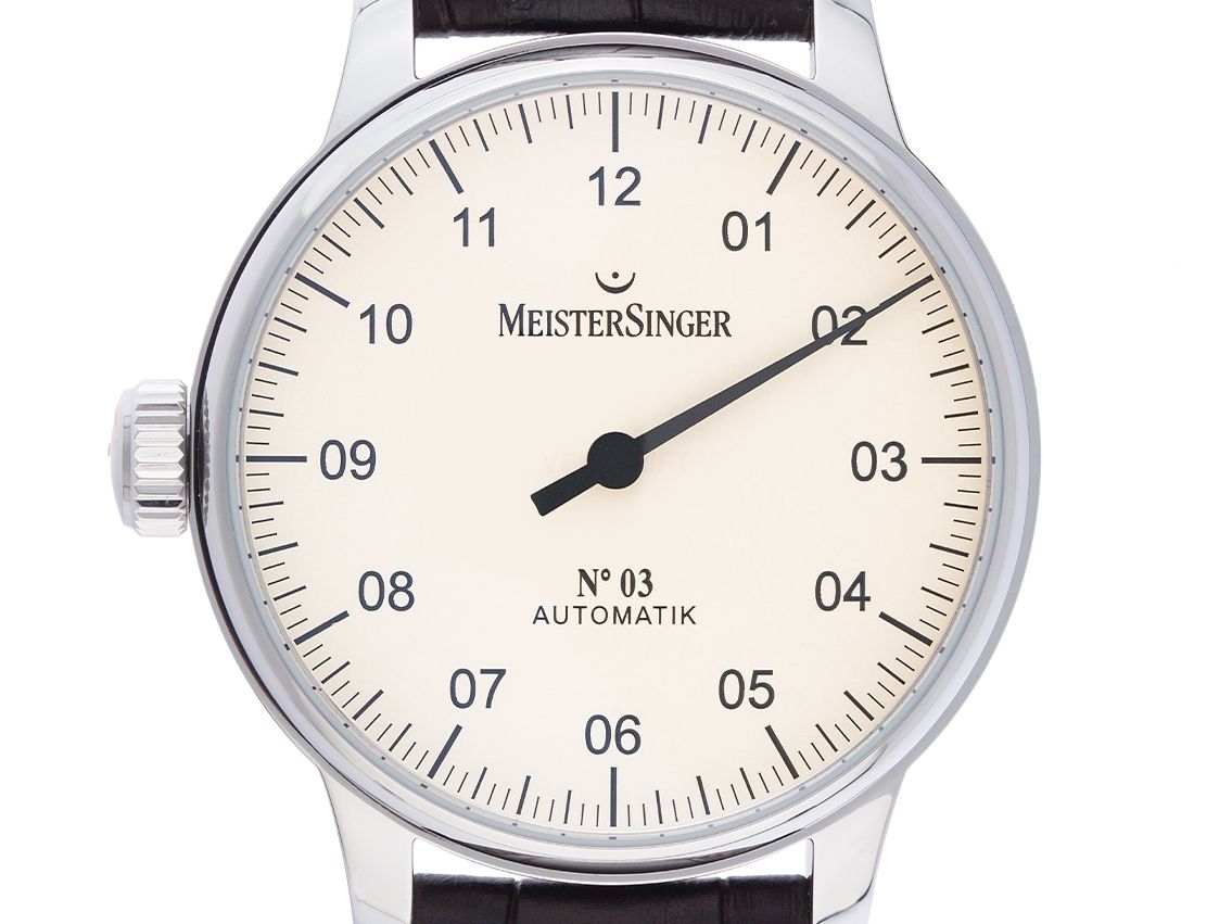 Meistersinger No.03 Einzeigeruhr Linkshänderuhr Stahl Automatik Armband Leder 43mm Ref.AM903L Box&Pap. Full Set Neu
