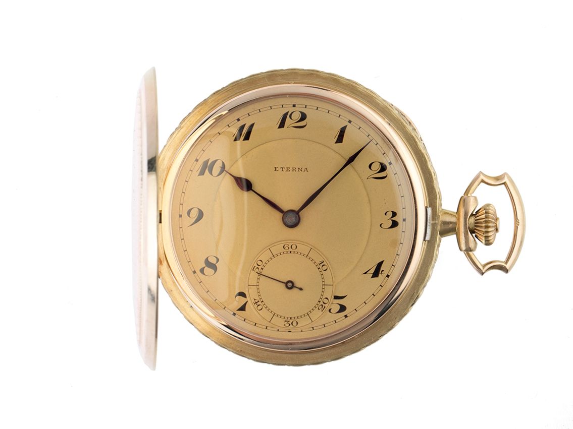 Eterna Taschenuhr Savonette kleine Sekunde 14kt Gelbgold Handaufzug 50mm Vintage Bj.1965 mit Zertifikat über 2.000,-€