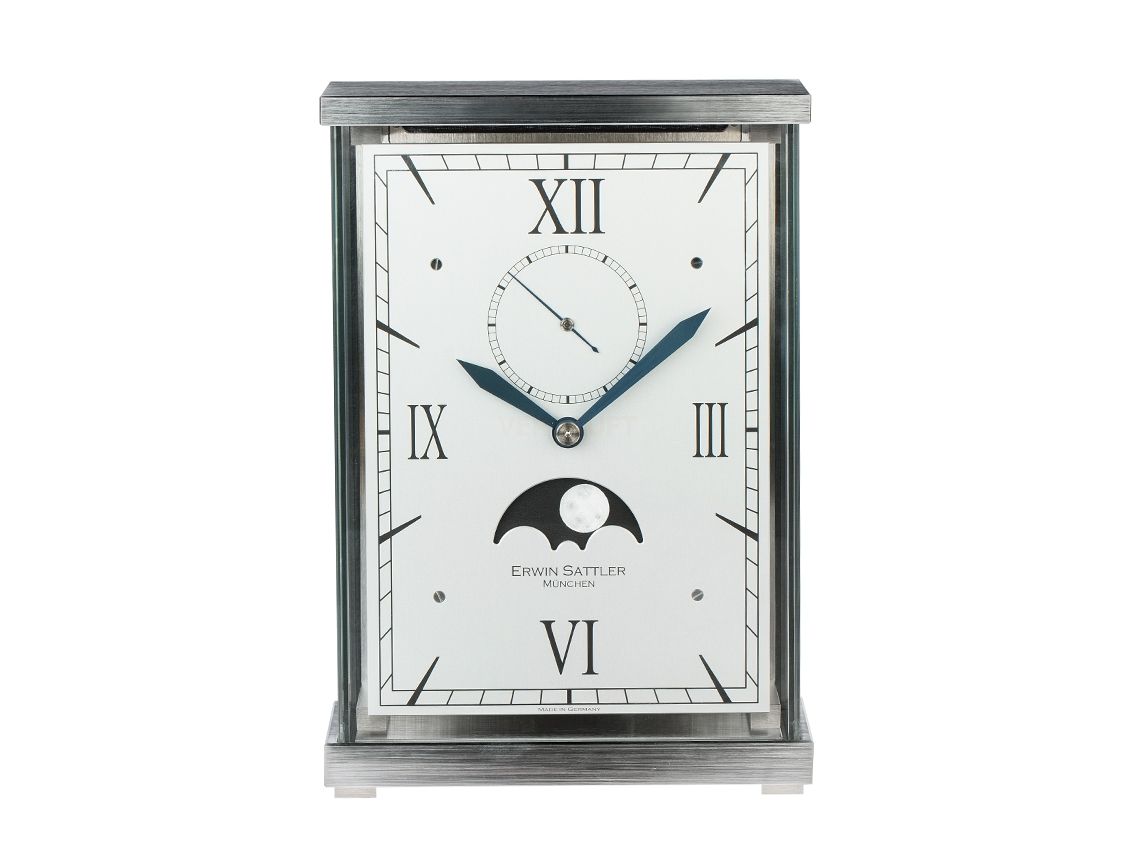 Erwin Sattler Lunaris Tischuhr Mondphase mit Passageschlag Aluminium verchromt 8 Tage Handaufzug 23x16x8cm Box&Pap. Full Set Ungenutzt mit Zertifikat über 7.300,-€ 