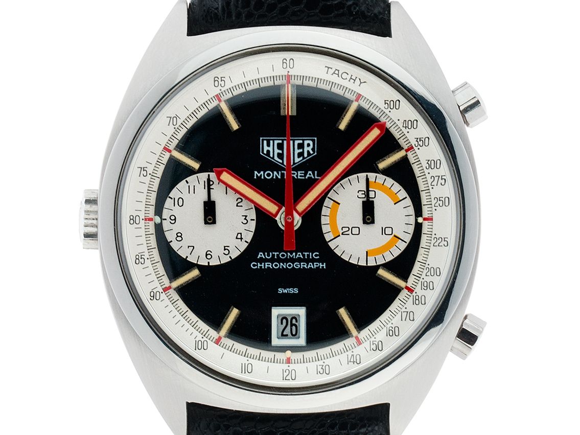 Heuer Carrera Montreal Custom Stahl Automatik Kaliber Heuer 12 Chronograph Armband Leder 38mm Vintage Bj.1975 orig. Box mit Zertifikat über 6.900,-€