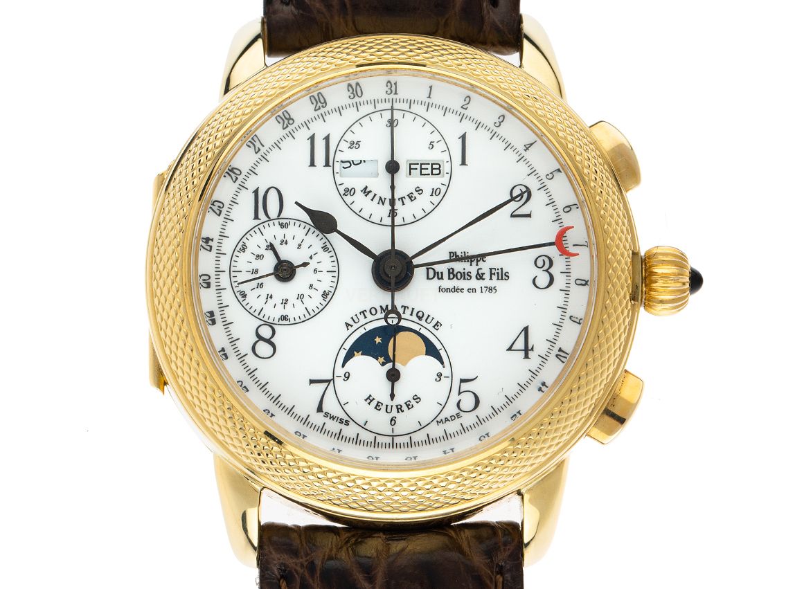 Phillipe du Bois & Fils Le Chronograph 1910 18kt Gelbgold Automatik Vollkalender Mondphase Armband Leder 38mm Ref.Edition38 Vintage Bj.2000 Box&Pap. Full Set wie Neu mit Zertifikat über 6.900,-€