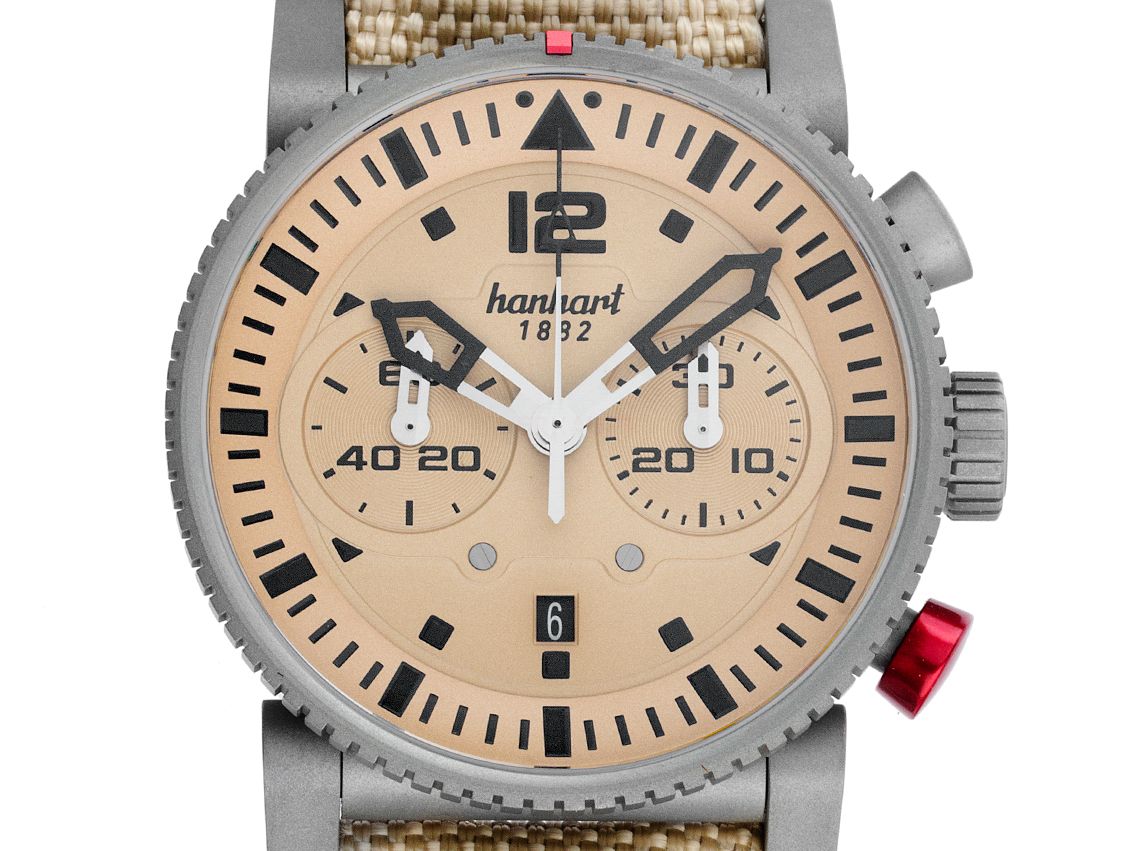 Hanhart Primus Desert Pilot Chronograph Stahl Automatik Armband Textil 44mm Ref.740.250 Box&Pap. Full Set Ungetragen mit Zertifikat über 2.740,-€