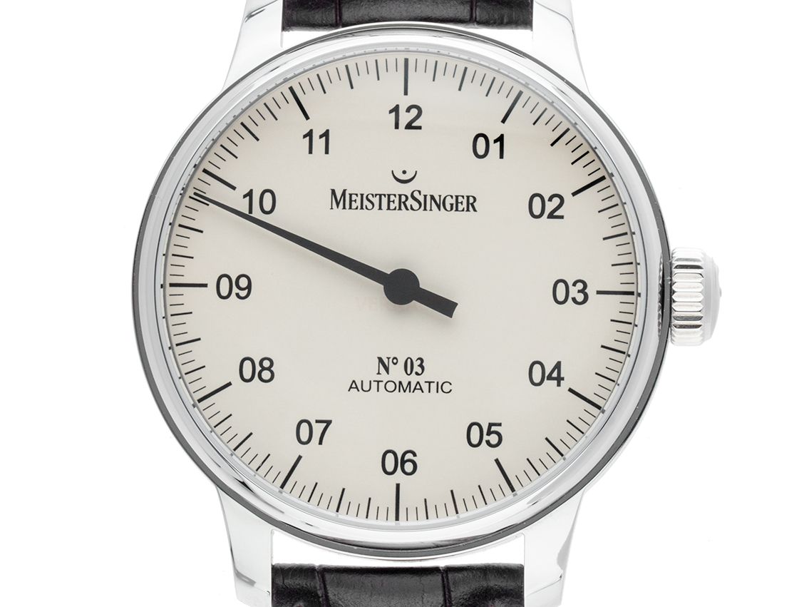 Meistersinger N° 03 Einzeigeruhr Stahl Automatik Armband Leder 43mm Box&Pap. Full Set Ungetragen