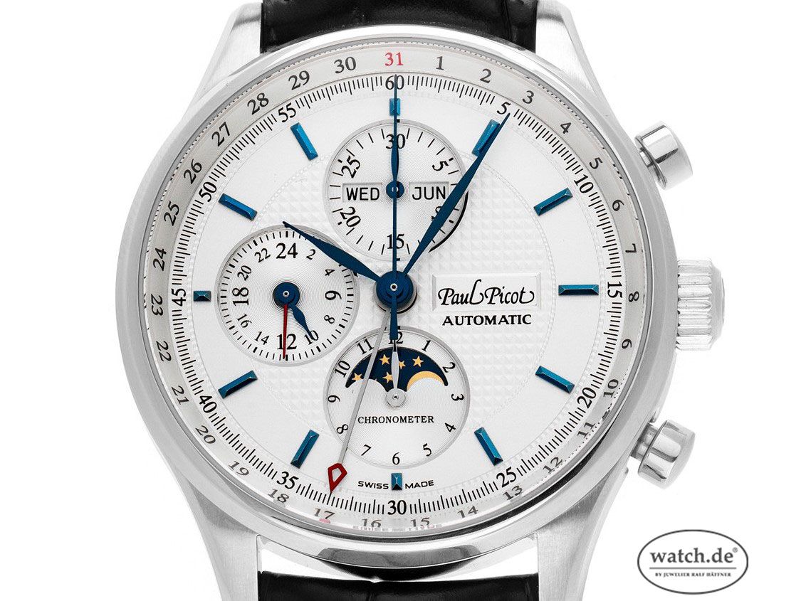Paul Picot Gentleman Chronograph Vollkalender Mondphase Stahl Automatik Armband Leder 42mm Ref.2033.SG Bj.2018 Box&Pap. Full Set wie Neu mit Zertifikat über 11.000,-€