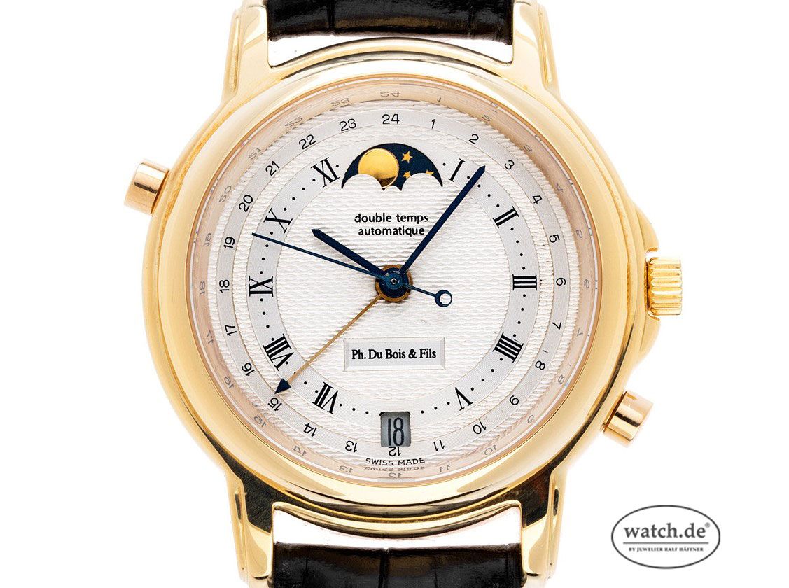 Philippe du Bois & Fils Anniversaire Double Temps GMT Mondphase 18kt Gelbgold Automatik Armband Leder Limitiert 37mm Ref.Edition 30 Vintage Bj.1991 Box&Pap. Full Set mit Zertifikat über 6.900,-€