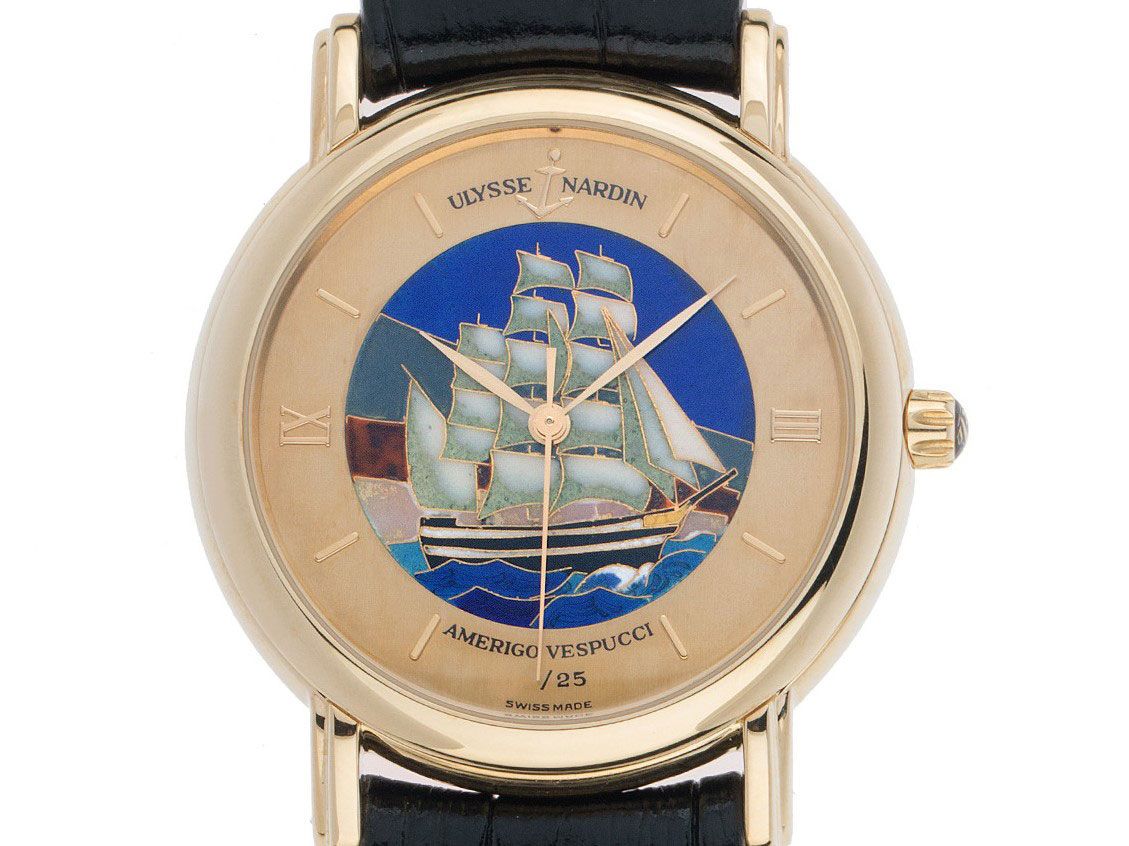 Ulysse Nardin San Marco Amerigo Vespucci Cloisonne 18kt Gelbgold Automatik Chronometer Armband Leder Limitiert 37mm Ref.131.77.9 Vintage Bj.1994 Box&Pap. Full Set wie Neu