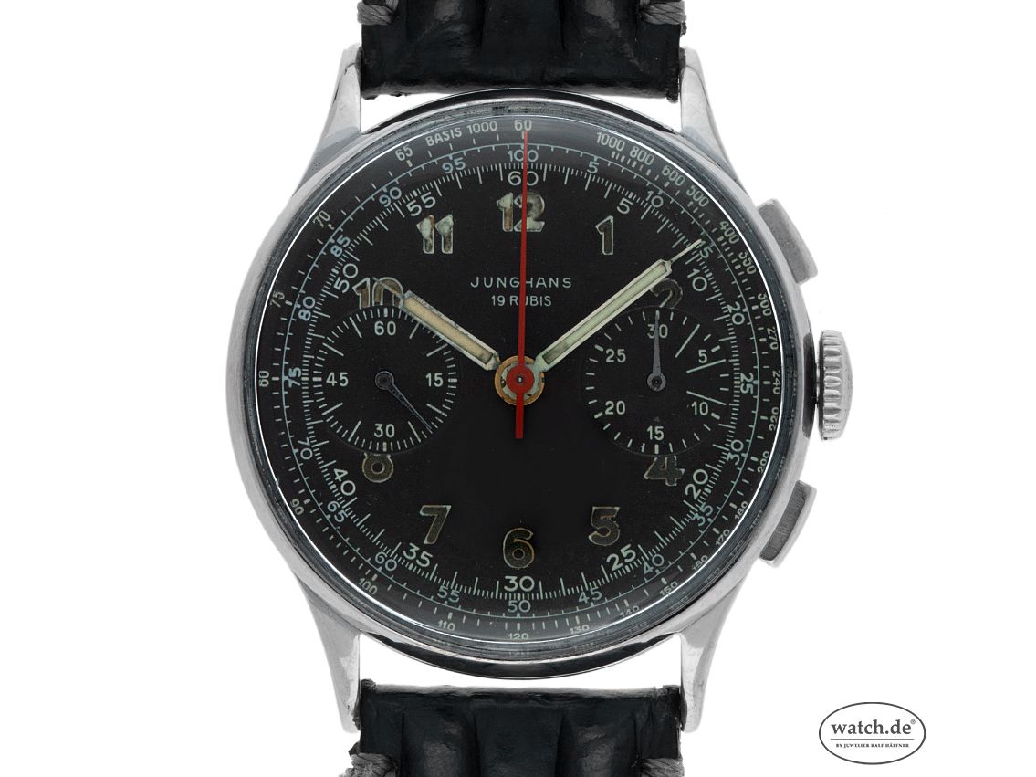 Junghans J88 Telemeter Messing Stahl Handaufzug Schaltrad-Chronograph Armband Leder 36mm Vintage Bj.1950 mit Zertifikat über 2.550,-€