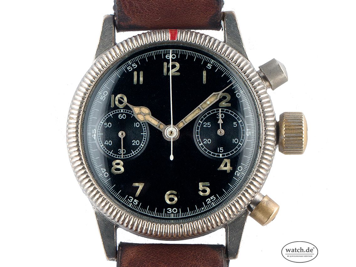 Tutima Glashütte Fliegerchronograph Wehrmacht Luftwaffe WW II Offizieruhr Stahl Handaufzug Urofa 59 Chronograph Armband Leder 39mm Vintage Bj.1940 orig Box mit Zertifikat über 12.900,- €