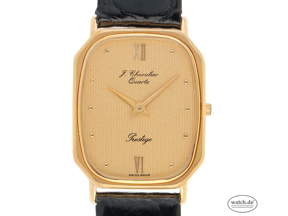 J. Chevalier Prestige Gelbgold Quarz Armband Leder 31x26mm Ref.3323-227 Vintage Bj.1998 wie Neu mit Zertifikat über 600,-€