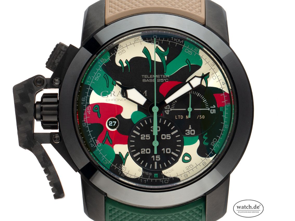 Graham Chronofighter Arrow Green Red Camouflage Stahl PVD Carbon Automatik Chronograph Armband Kautschuk Limitiert 47mm Ref.2CCAU Bj.2018 Box&Pap. Full Set wie Neu mit Zertifikat über 8.500,-€