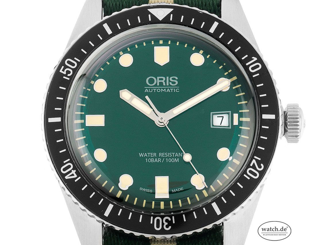 Oris Divers Sixty-Five Grün Stahl Automatik Armband Textil 42mm Bj.2018 Box&Pap Full Set wie Neu mit Zertifikat über 1.900,-€