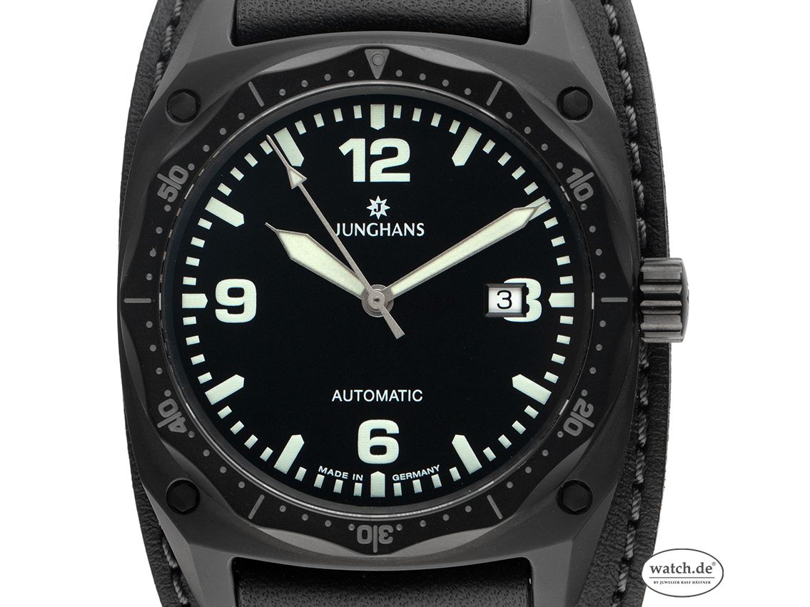 Junghans Pilot Automatic Stahl PVD black Automatik Armband Leder 42mm Ref.027.4521.00 Vintage Bj.2014 Box&Pap. Full Set Ungetragen mit Zertifikat über 1.350,-€