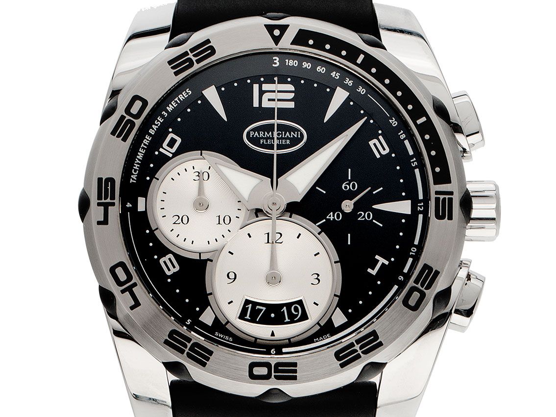 Parmigiani Pershing 002 Stahl Automatik Chronograph Armband Kautschuk Faltschließe 42mm Ref.PFC528-0010300 Bj.2001 Bo&Pap. Full Set wie Neu mit Zertifikat über 16.700,-€
