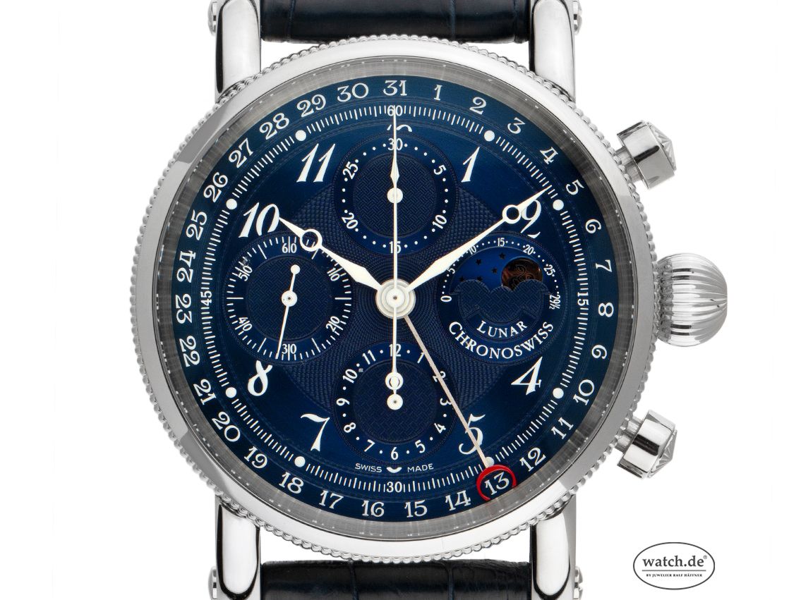 Chronoswiss Lunar Stahl Automatik Chronograph Kalender Mondphase Armband Leder Faltschließe 41mm Ref.CH7543L-BL Box&Pap. Full Set Ungetragen mit Zertifikat über 8.300,-€