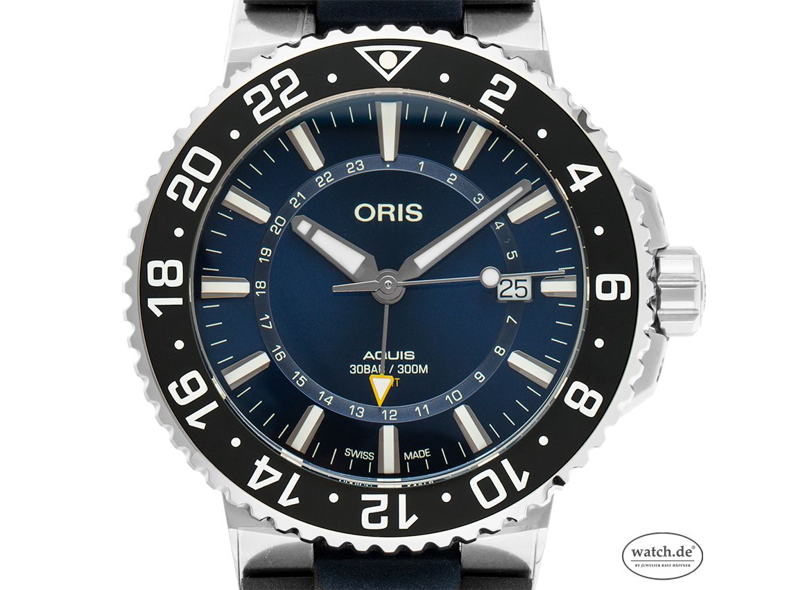 Oris Aquis GMT Date Stahl Automatik Armband Kautschuk 44mm Box&Pap. Full Set Ungetragen mit Zertifikat über 2.350,-€