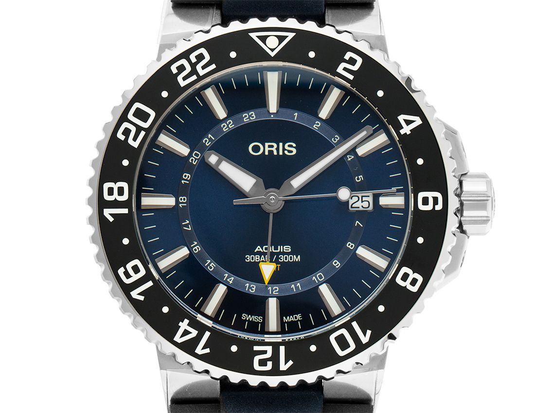 Oris Aquis GMT Date Stahl Automatik Armband Kautschuk 44mm Box&Pap. Full Set Ungetragen