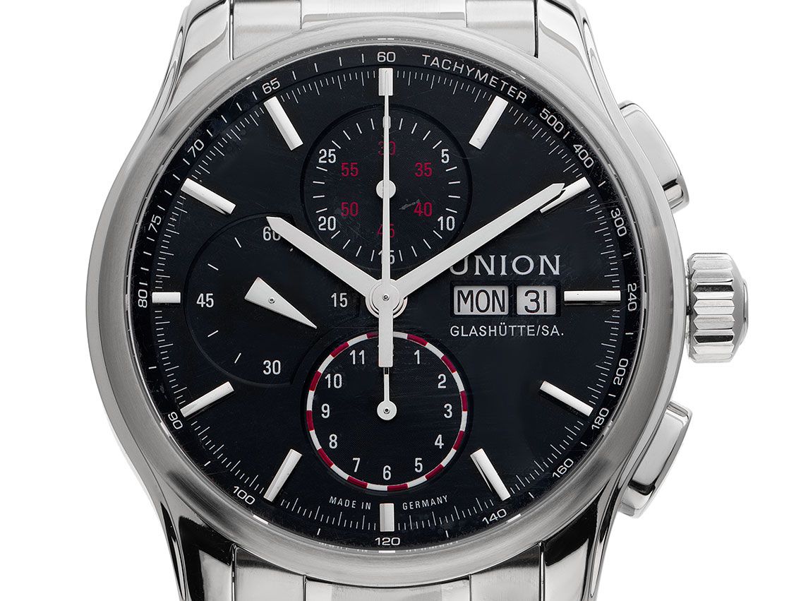 Union Glashütte Viro Day Date Stahl Automatik Chronograph Armband Stahl 43mm Bj.2011 Box&Pap. Full Set wie Neu mit Zertifikat über 1980,-€