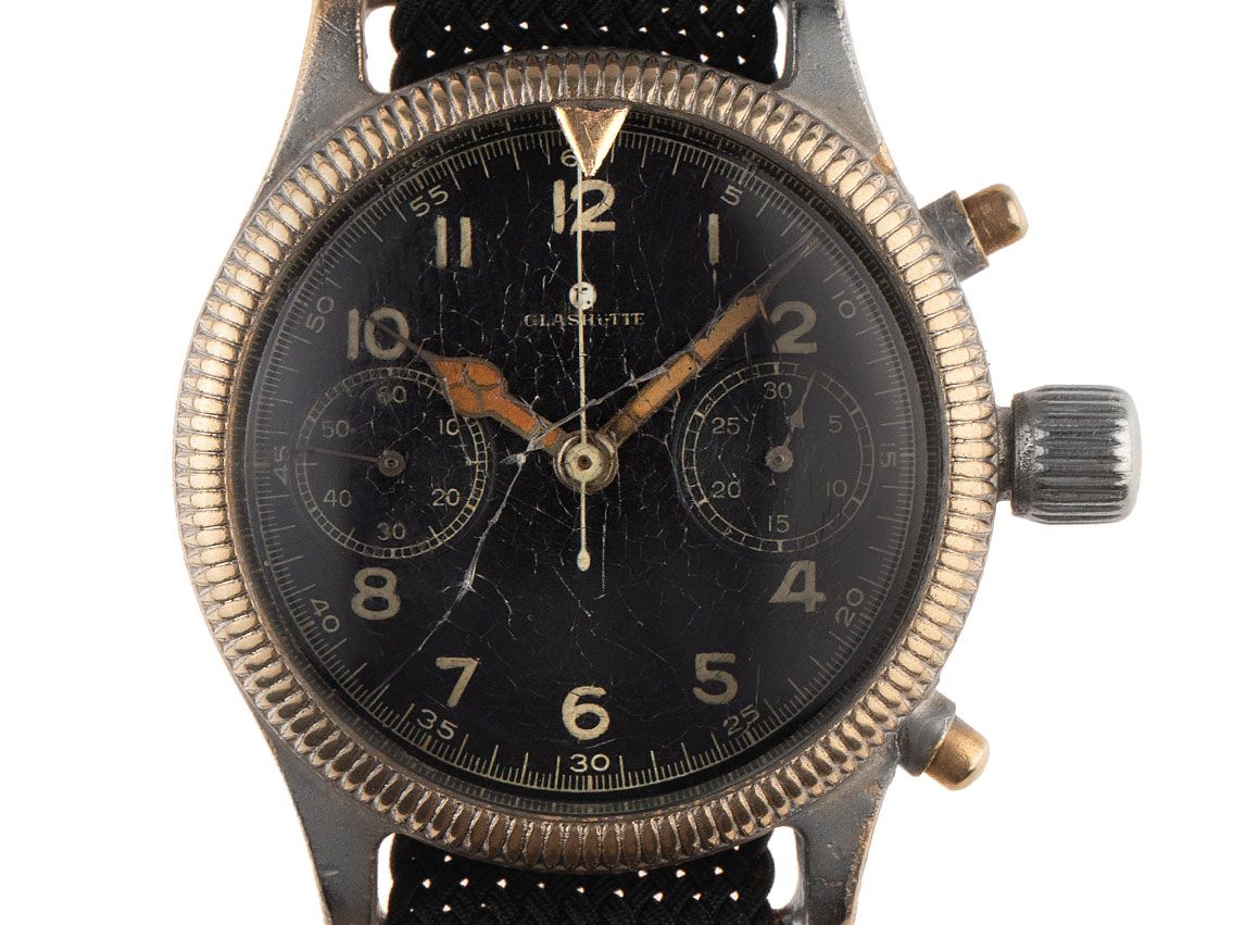 Tutima Glashütte Fliegerchronograph Flyback Chronograph Wehrmacht Luftwaffe WW II Offizieruhr Handaufzug Urofa 59 Armband Textil 39mm Vintage Bj.1941 orig. Box