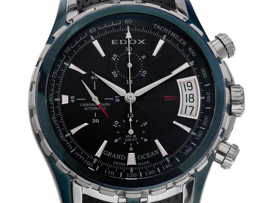 Edox Grand Ocean Stahl PVD Blue Automatik Chronograph Armband Kautschuk Faltschließe 48mm Ref.01201 357B BUIN Vintage Bj.2010 Box&Pap. Full Set