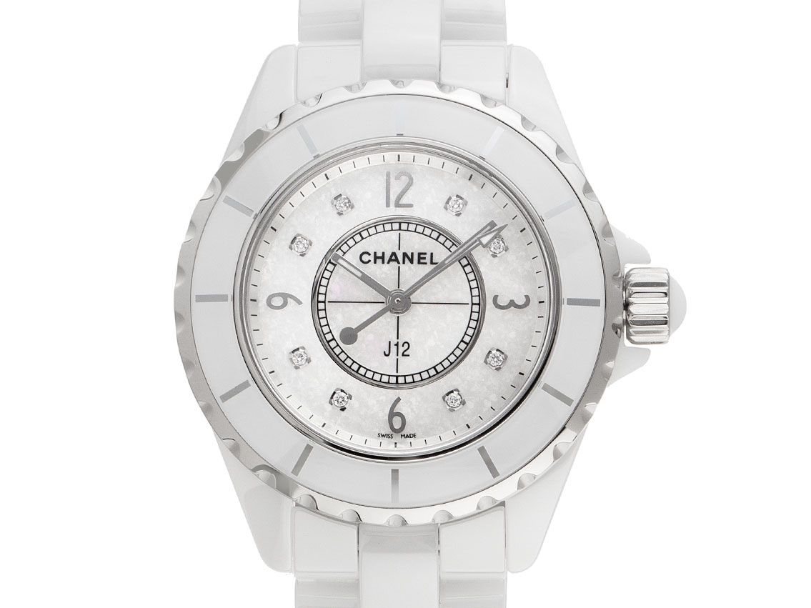 Chanel J12 Keramik White Stahl Perlmutt Diamanten Quarz Armband Keramik White 33mm Ref.H2422 Box&Pap. Full Set Ungetragen