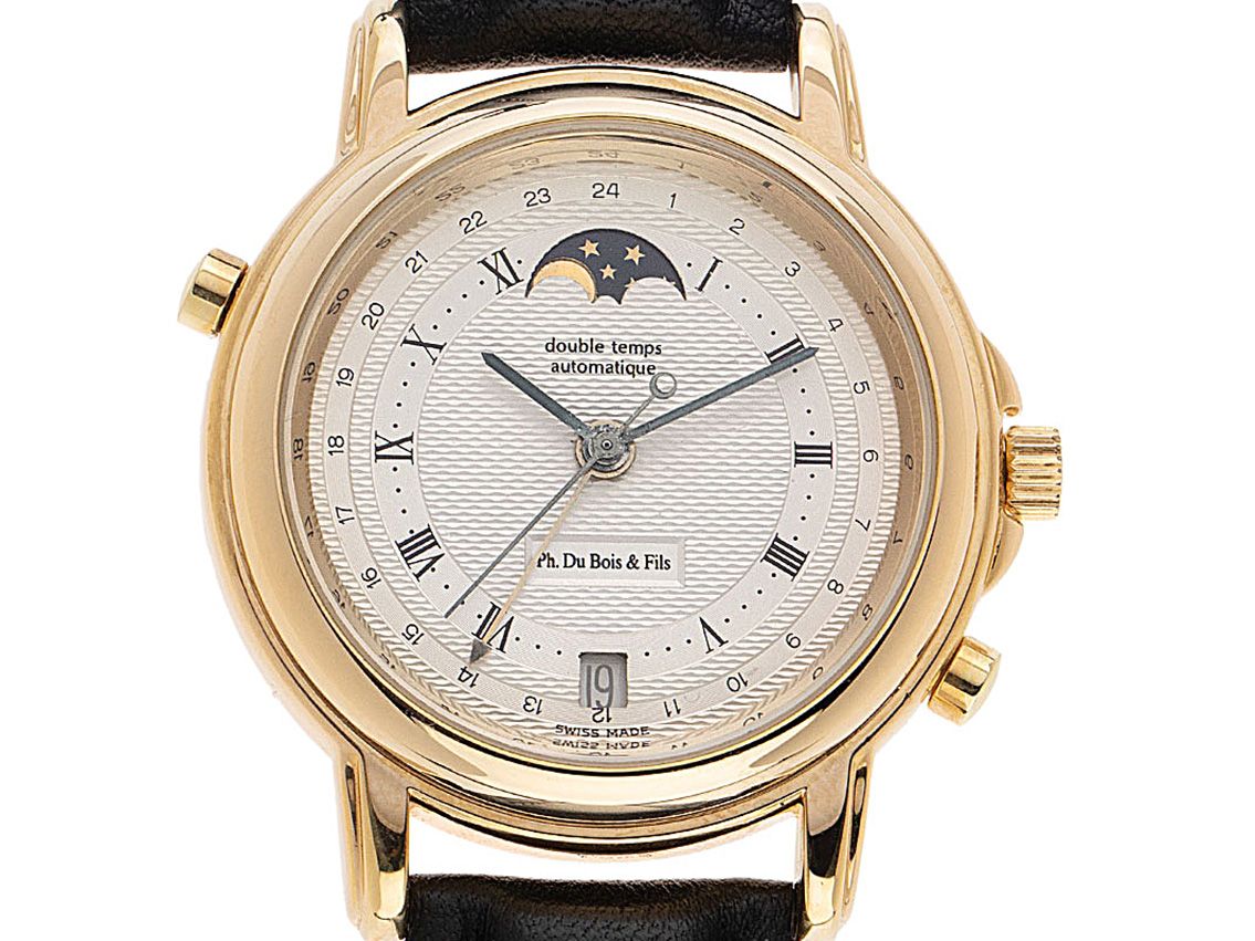 Philippe du Bois & Fils Luna Double Temps Gelbgold Automatik GMT Mondphase Armband Leder Limitiert 37mm Ref.1785 Vintage Bj.1991 Box&Beschreibung