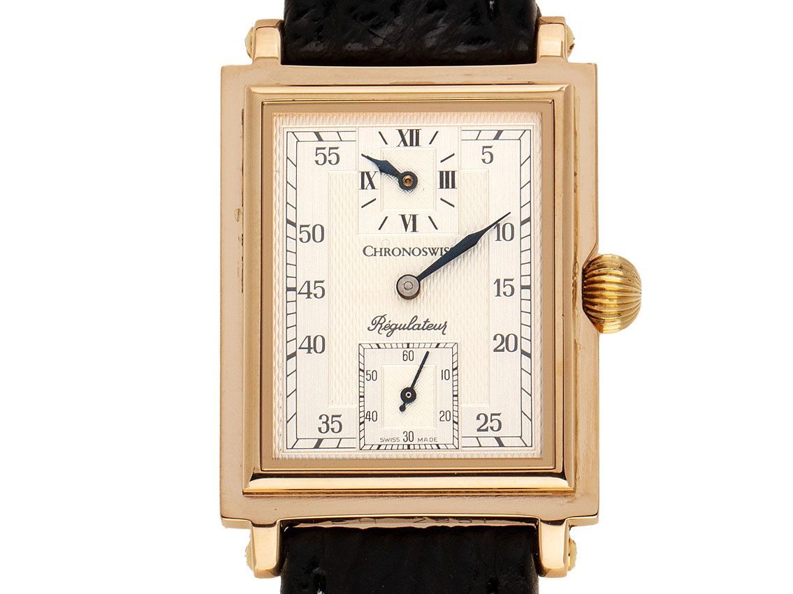 Chronoswiss Regulateur Rectangulaire 18kt Gelbgold Handaufzug Armband Leder Limitiert 33x27mm Ref.CH2951 Vintage Bj.1988 Box&Pap. Full Set
