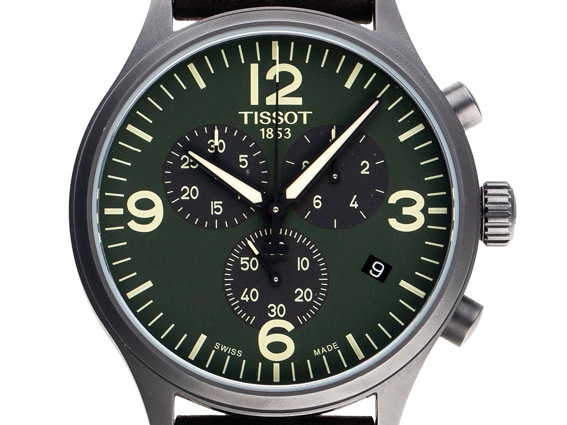 Tissot Chrono XL Green Dial Stahl PVD Grau Quarz Chronograph Armband Leder 45mm Ref.T116617A Bj.2018 Box&Pap. Full Set wie Neu