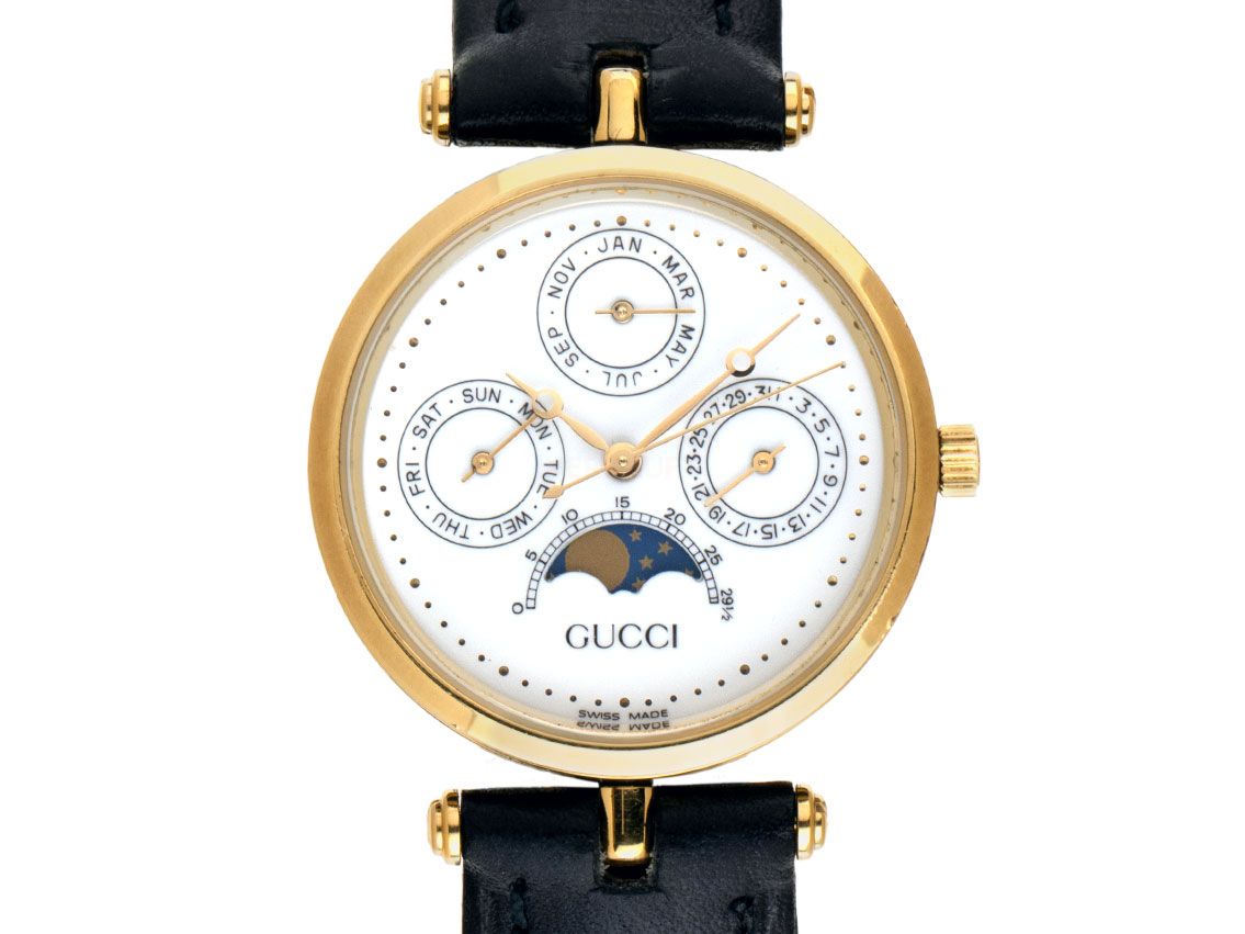 Gucci Black Moon Gelbgold Quarz Vollkalender Mondphase Armband Leder 30mm Ref.8515.6910 Vintage Bj.1993